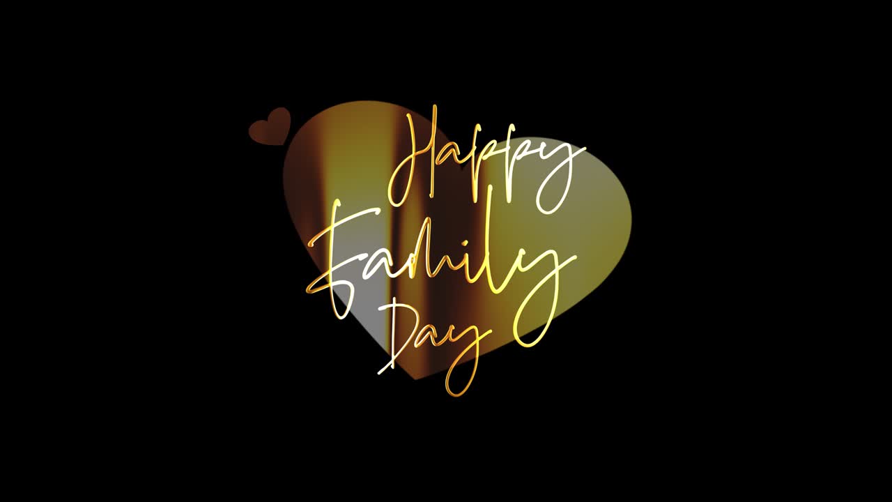 Happy Family Day golden text with  heart shape loop animation with gold light effect. 4K 3D Illustration isolated happy family day gold word using QuickTime Alpha Channel ProRes 4444 effect element.