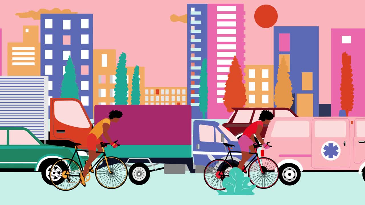 아프리카계 미국인 자전거 타는 사람들이 교통체증이 많은 도로에서 자전거를 타고 있습니다. 만화 애니메이션, 평평한 디자인, 루프 4k
