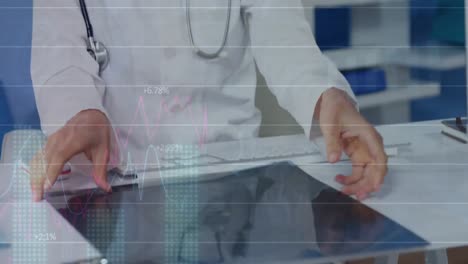 animation of statistical data processing over caucasian female doctor examining x-ray report