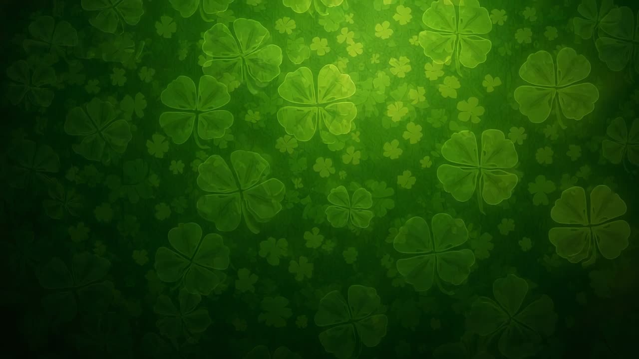 Pulsing four-leaf clover pattern on green backdrop, spotlight brightening center to show veins