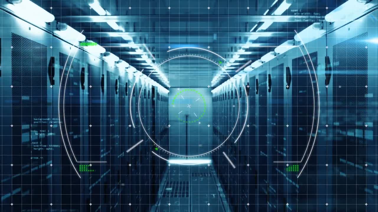 빈 컴퓨터 서버 방에서 데이터 처리 및 스 스캔의 애니메이션