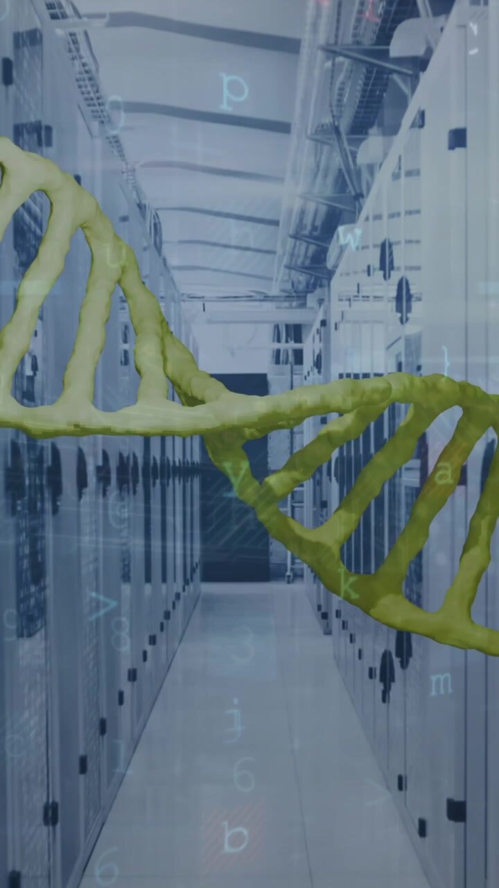 Animation of spinning dna strand over server room