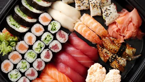 Close-up-of-various-types-of-japanese-fresh-prepared-sushi-