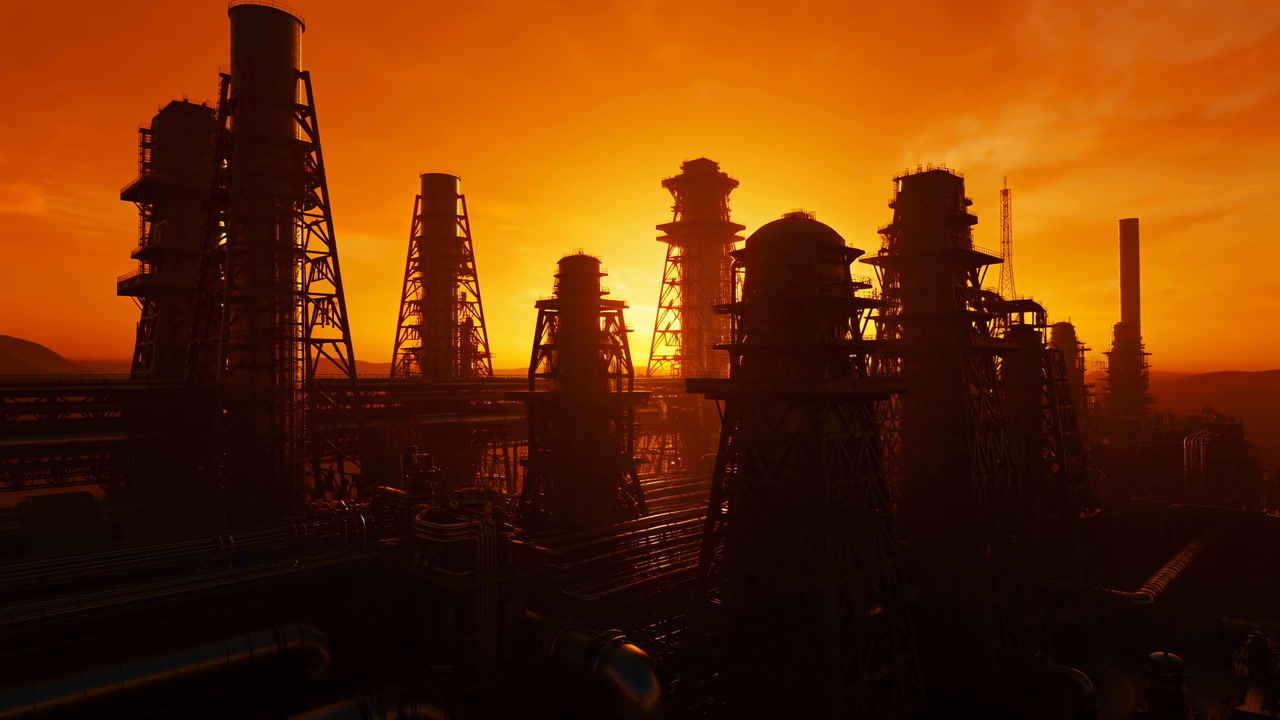 Sunset Refinery Silhouette With Glowing Sky, Industrial Towers And Pipes Create Dramatic Skyline, Warm Orange