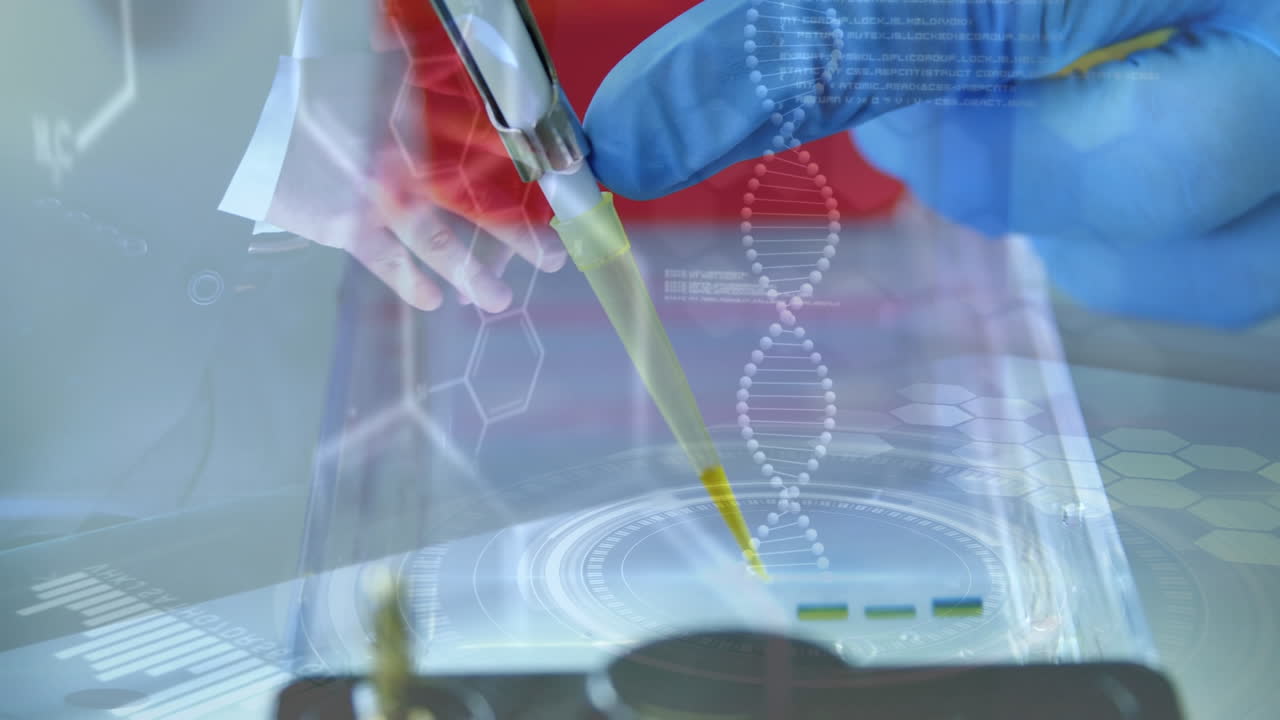 animación de cadena de adn y procesamiento de datos sobre científico caucásico en el laboratorio