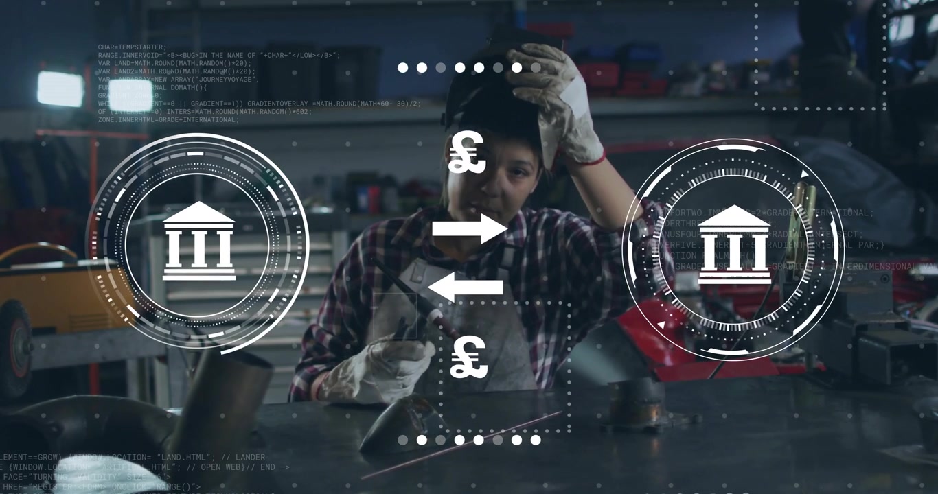 Vertical video: Woman welder lifting helmet, checking part value as finance HUD animating currency