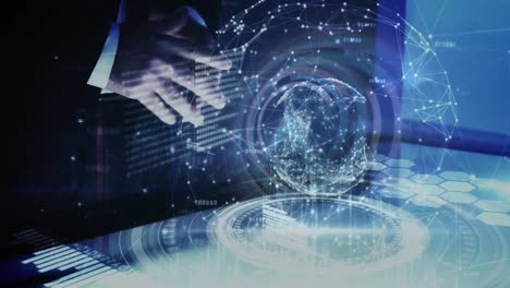 animation of data processing over hands of caucasian man using touchscreen