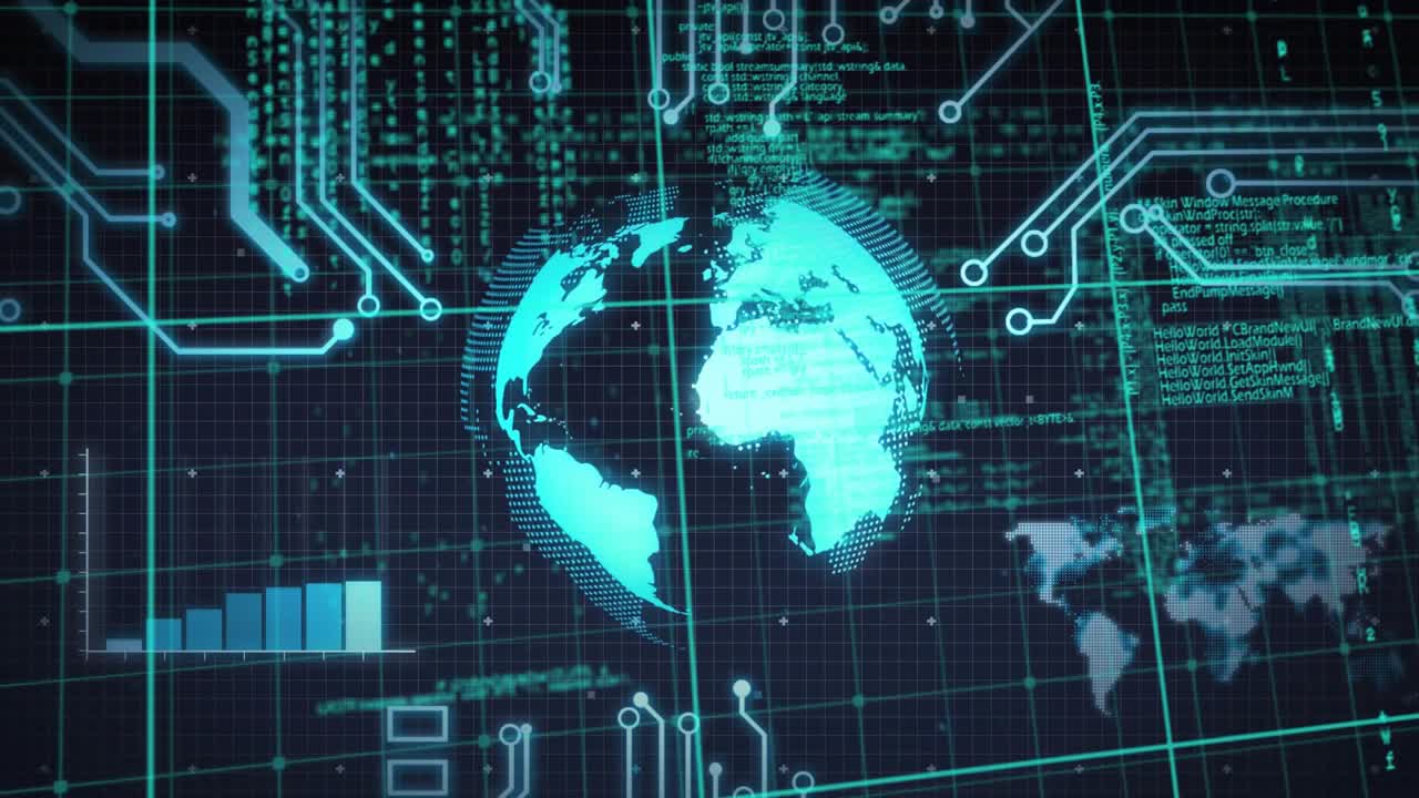Code appearing, causing teal globe rotating, circuits pulsing, bars growing for analytics