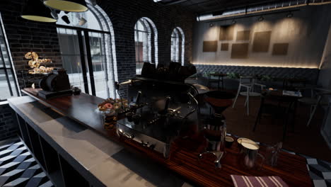 modern coffee shop interior with espresso machine and pastry display