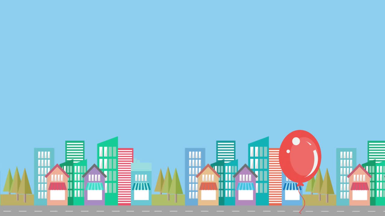 globo rojo flotando contra el paisaje urbano