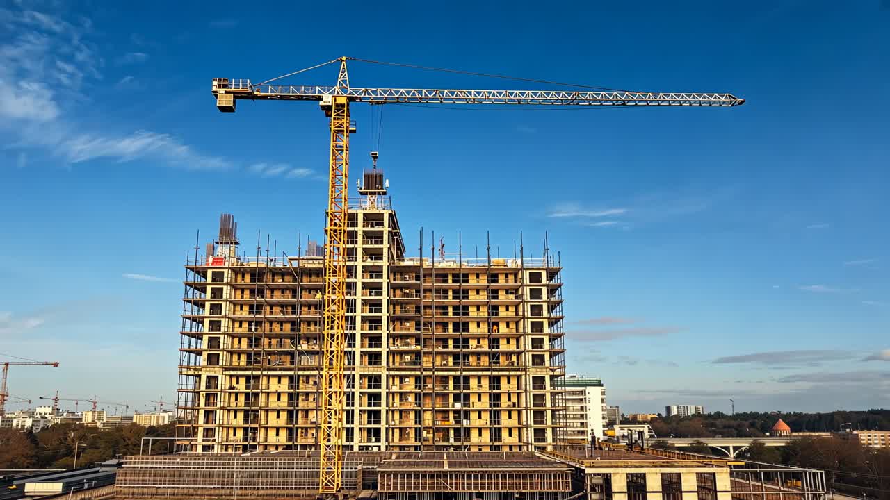 Responding to golden light, yellow tower crane swinging jib at rooftop site with hanging hook block