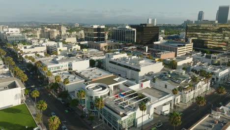 rooftops of beverly hills, aerial shot of businesses and shops on the famous streets of iconic upscale neighborhood
