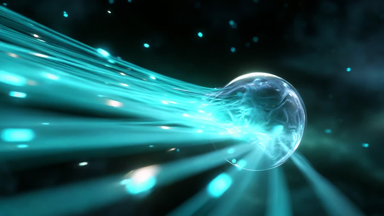 A stunning visualization of a translucent orb moving through a luminescent stream of energy, showcasing the beauty of fluid dynamics and light interaction in a cosmic scenario, evoking a sense of wonder and exploration