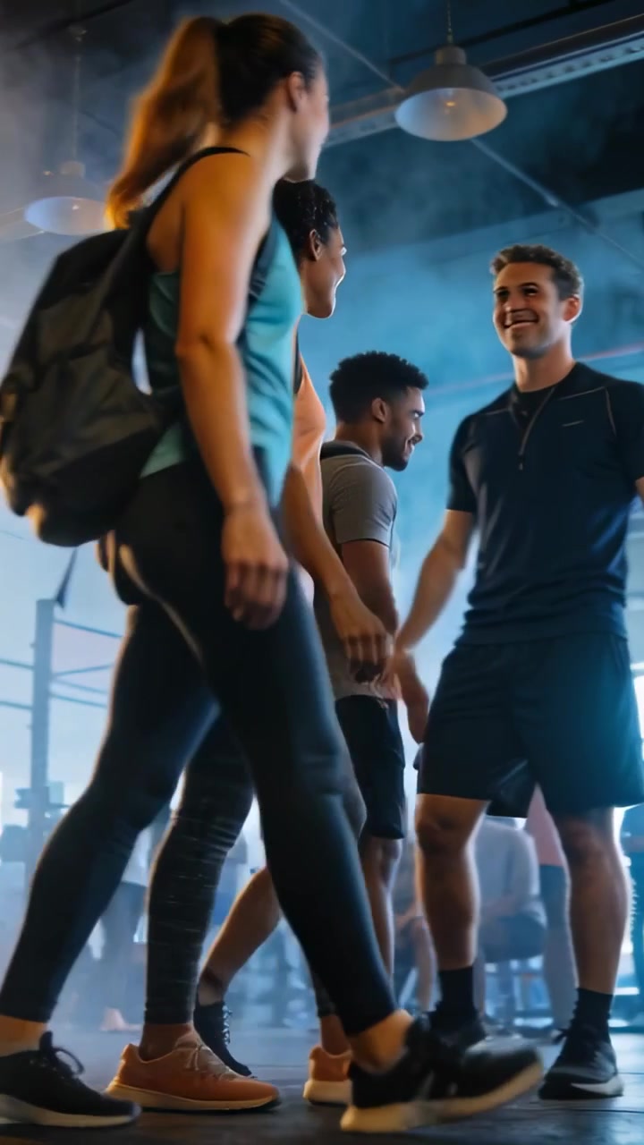 Video verticale: Gruppo di 3 persone in abbigliamento da palestra che entra in palestra, saluta l'allenatore e porta zaini per allenarsi