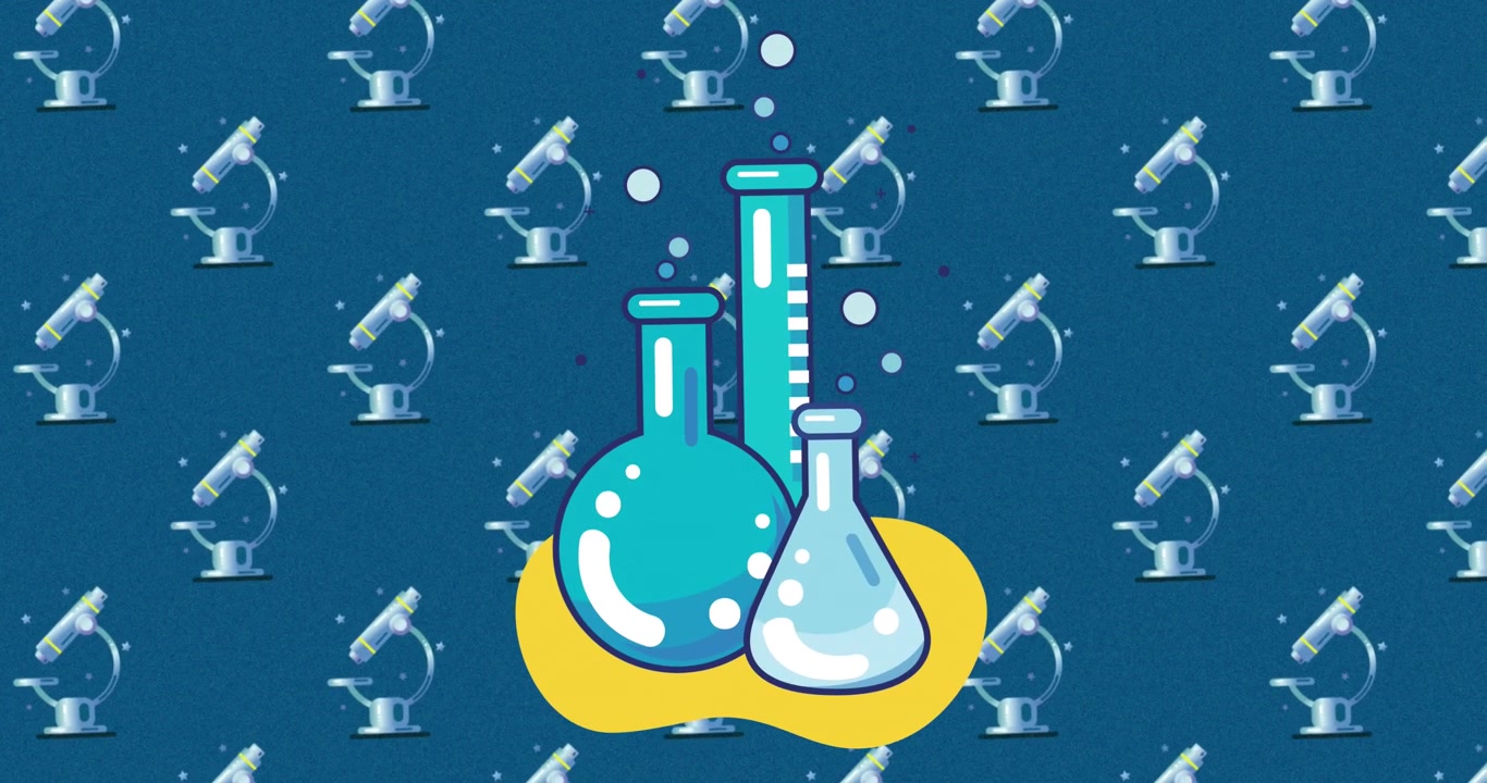 Digital animation of chemistry beakers icons moving against microscope icons on blue background