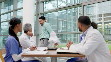 angry, doctor and man shouting in meeting