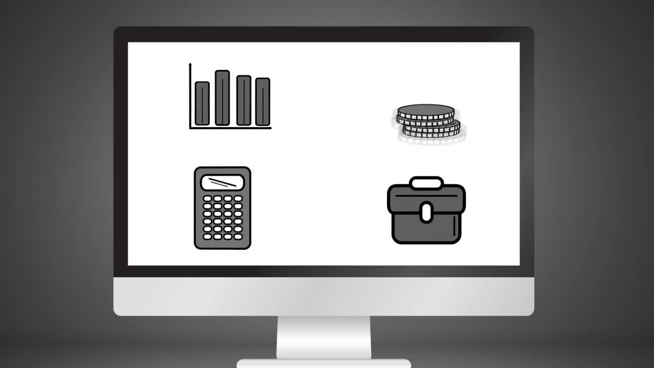 Animation of a computer screen showing social icons on white background