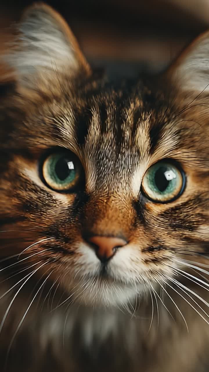 Affascinante primo piano di un gatto accogliente con straordinari occhi verdi e un pelo folto, che mostra le sue caratteristiche uniche e l'espressività del suo volto in un ambiente caldo