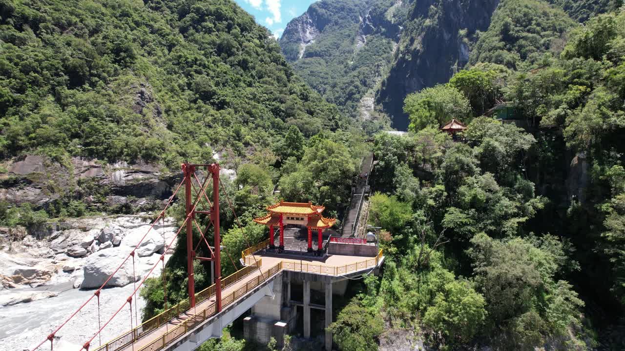 Aerial view of Xiangde Temple and the beautiful entrance bridge in Taroko National Park, Hualien county district, Taiwan