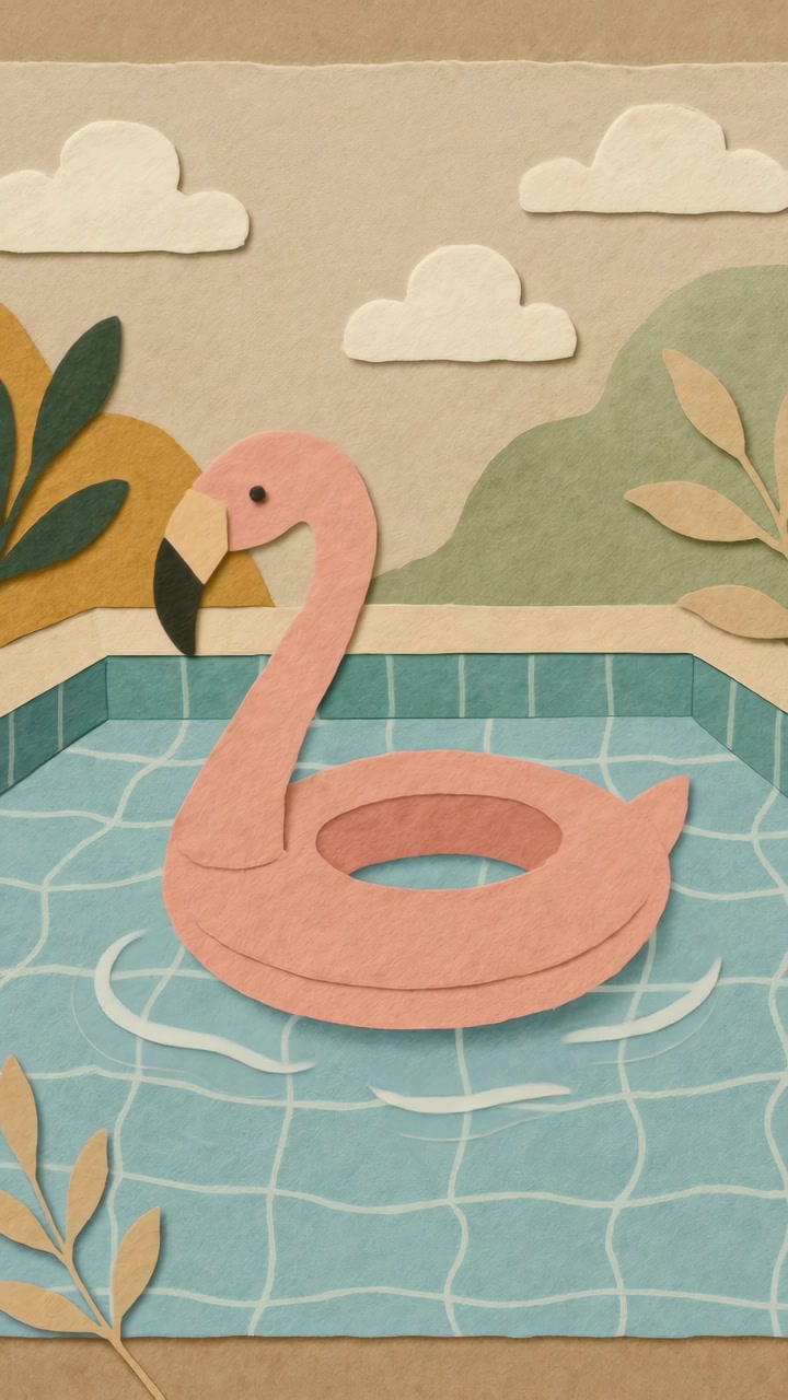 Animated Paper Cut Flamingo Pool Float in a Summer Pool