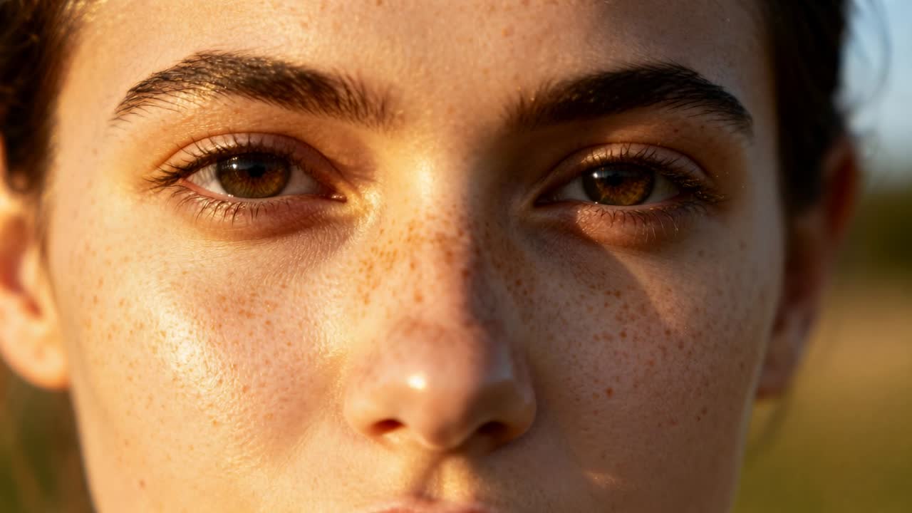 Blinking teen girl shifting gaze in grassy field as warm sunlight falling, with freckles visible