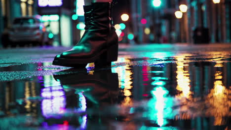 woman's boots in a puddle on a city street at night