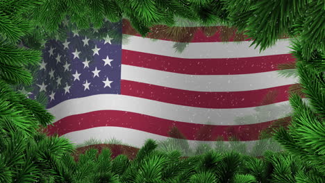 animation of christmas tree branches and flag of usa over snow falling background