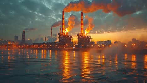 industrial power plant emitting smoke at sunset or dusk