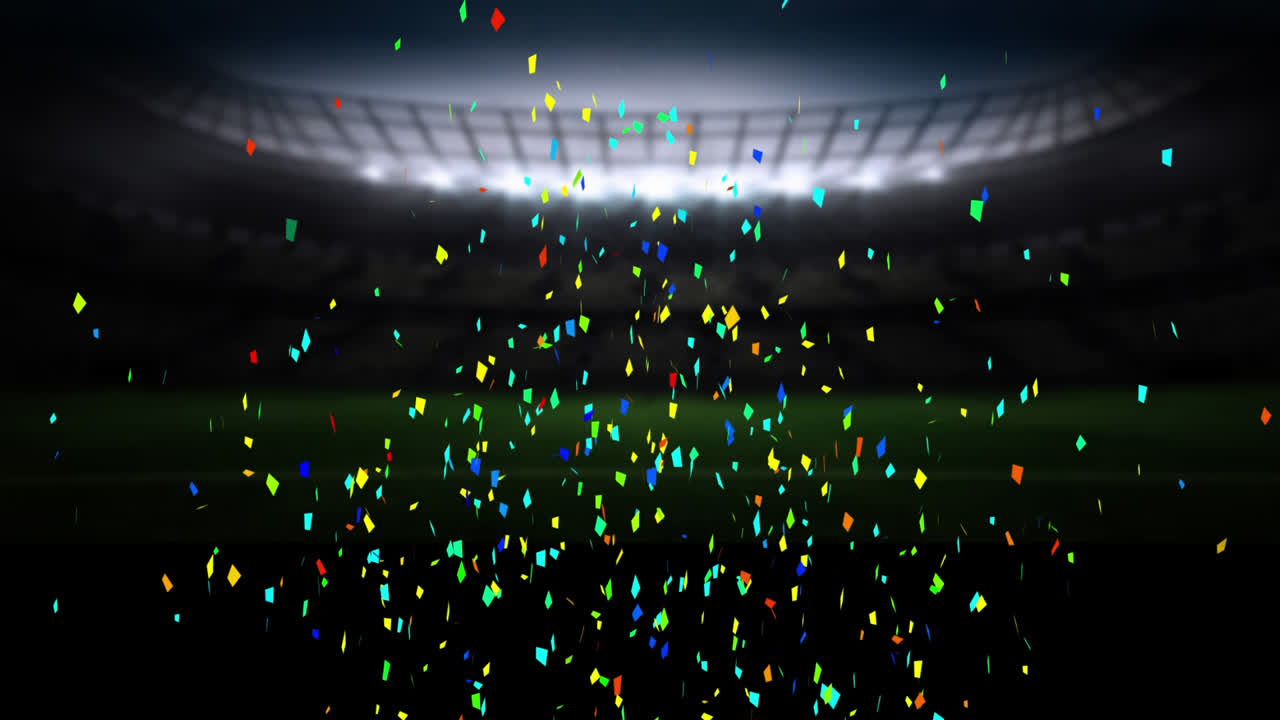 빈 스포츠 경기장 위에 떨어지는 다채로운 콘페티의 애니메이션