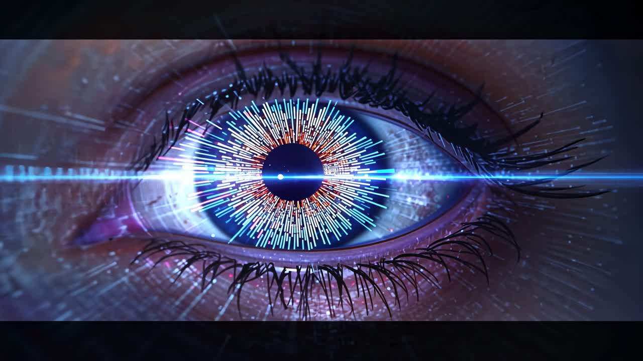 Eye undergoing iris scanning in scan booth, drifting holographic particles, radial overlay pulsing