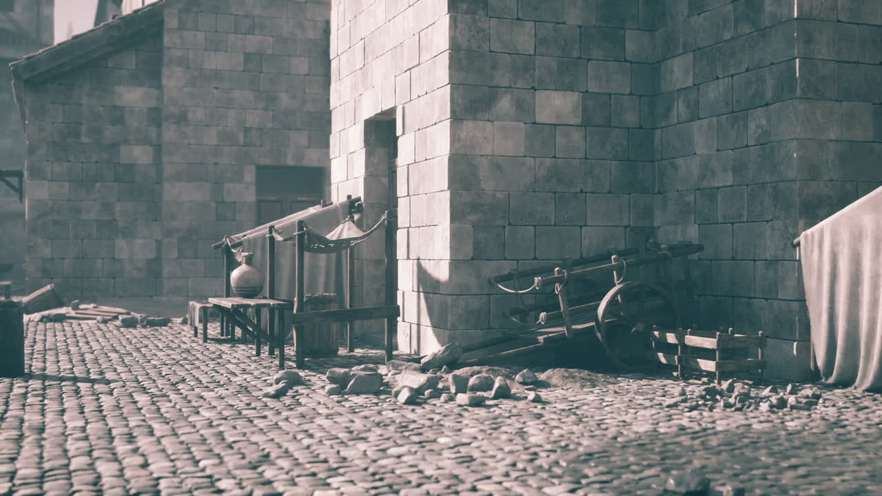 잊혀진 마을의 돌판과 목조 가구로 된 역사적인 거리