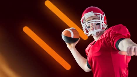 Animation-of-caucasian-male-rugby-player-throwing-a-ball-and-orange-light-trails-in-seamless-pattern