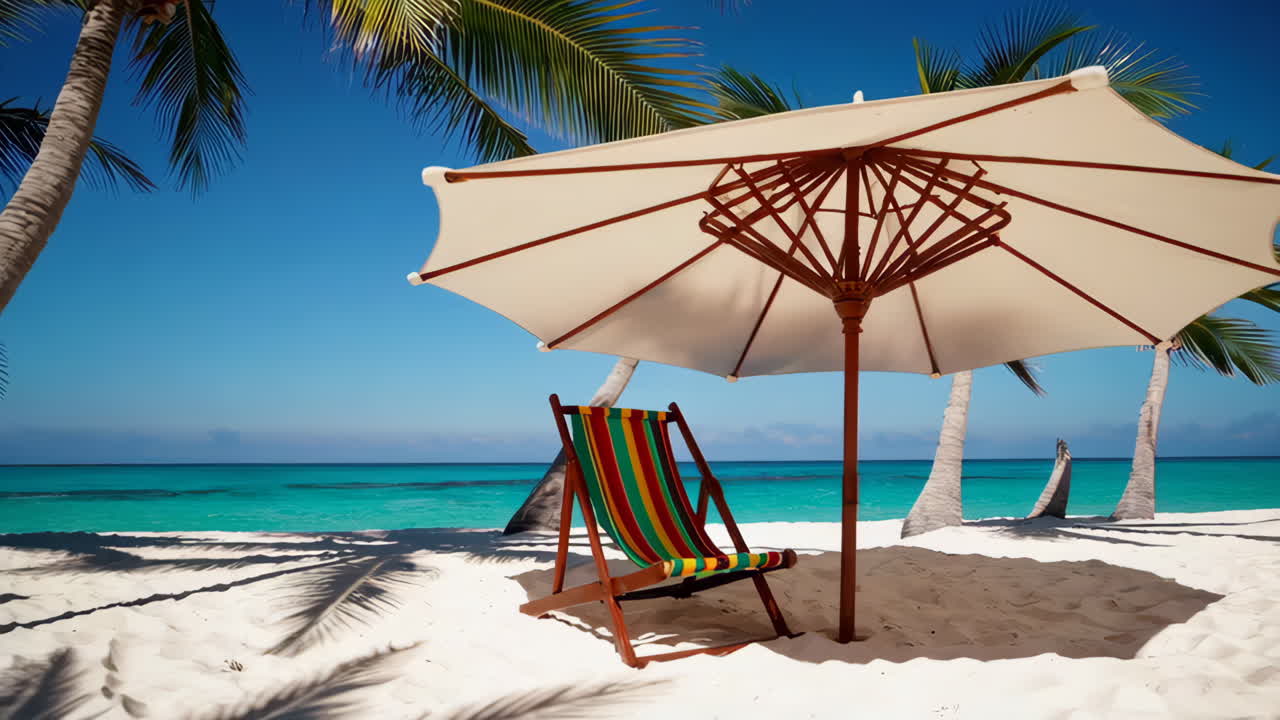 A serene tropical beach with white sand, palm trees, clear blue water, a beach chair, and an umbrella