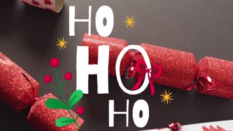 animation of christmas greetings text over christmas crackers decorations