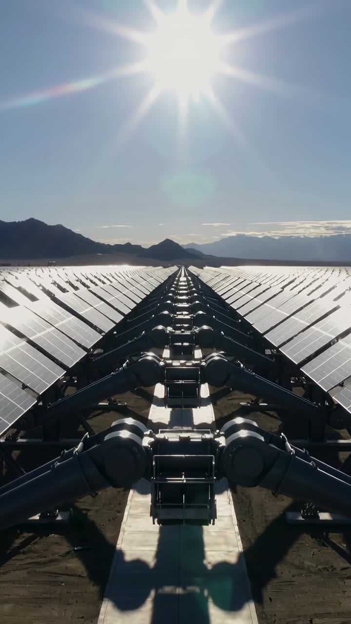 Vertikal video: Kamera vipper og bevæger centralt rør fremad langs solfangere, viser solblænding.