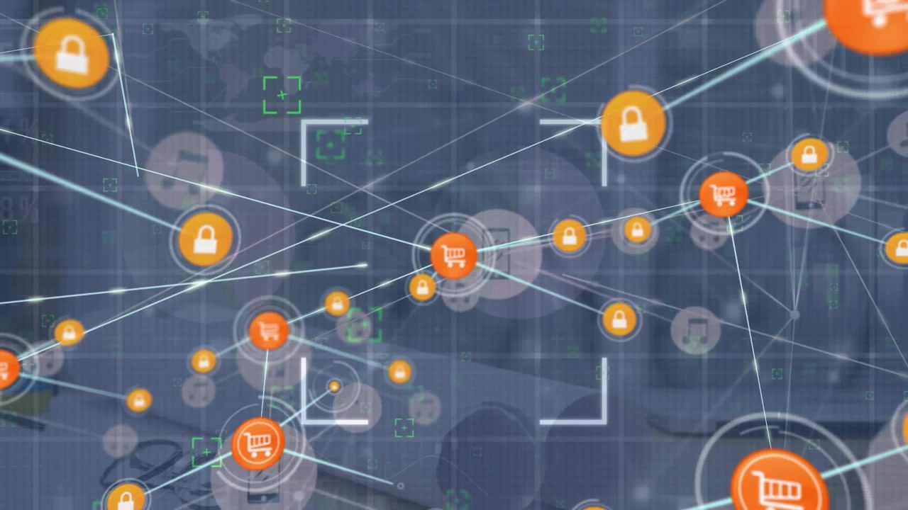 Digital Network of E-commerce Shopping Cart and Security Icons