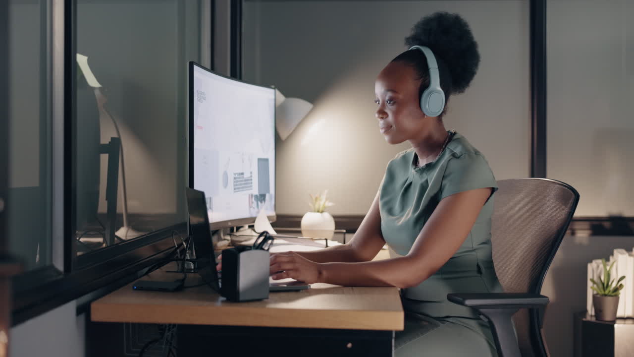 black woman, computer and dancing with music