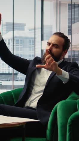 Vertical Video Male entrepreneur studying investments on a hologram illustration