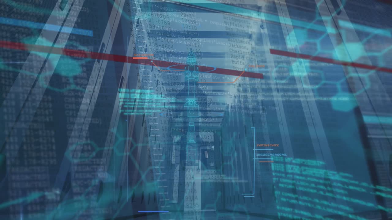 animación de estructuras moleculares y lenguaje informático sobre vista de ángulo bajo de la sala de servidores