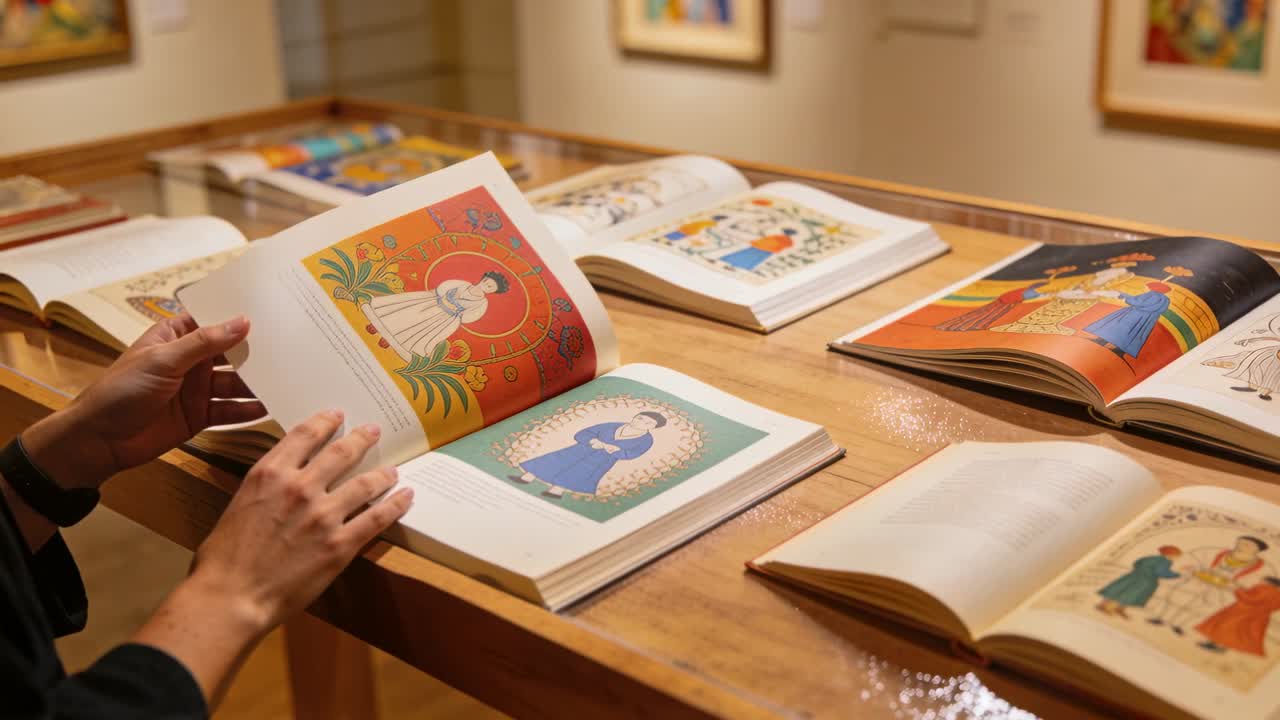 Mãos de um visitante, vestindo manga comprida escura e relógio, virando páginas em uma mesa de galeria, observando livros.