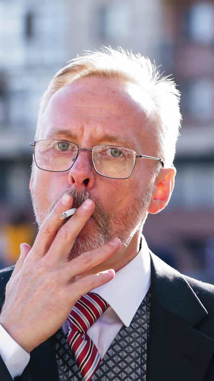 Senior man in suit and tie with cigarette looks at camera outdoors. Portrait of a mature businessman with gray hair and eyeglasses smoking in the street. Vertical video