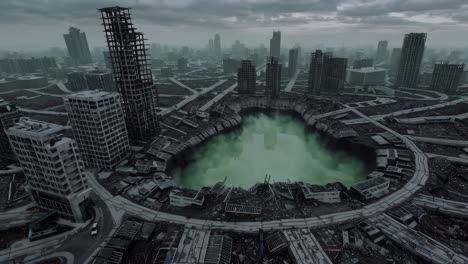 post-apocalyptic cityscape with crater