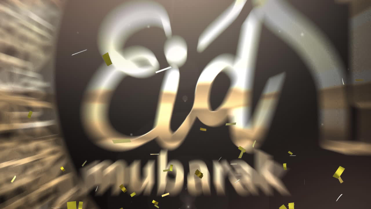 animación del texto eid mubarak con mezquita, símbolo de la media luna y confeti en oro sobre negro
