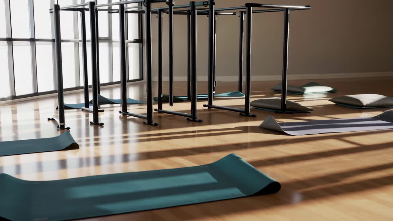Empty Yoga and Meditation Studio with Sunlight Streaming In