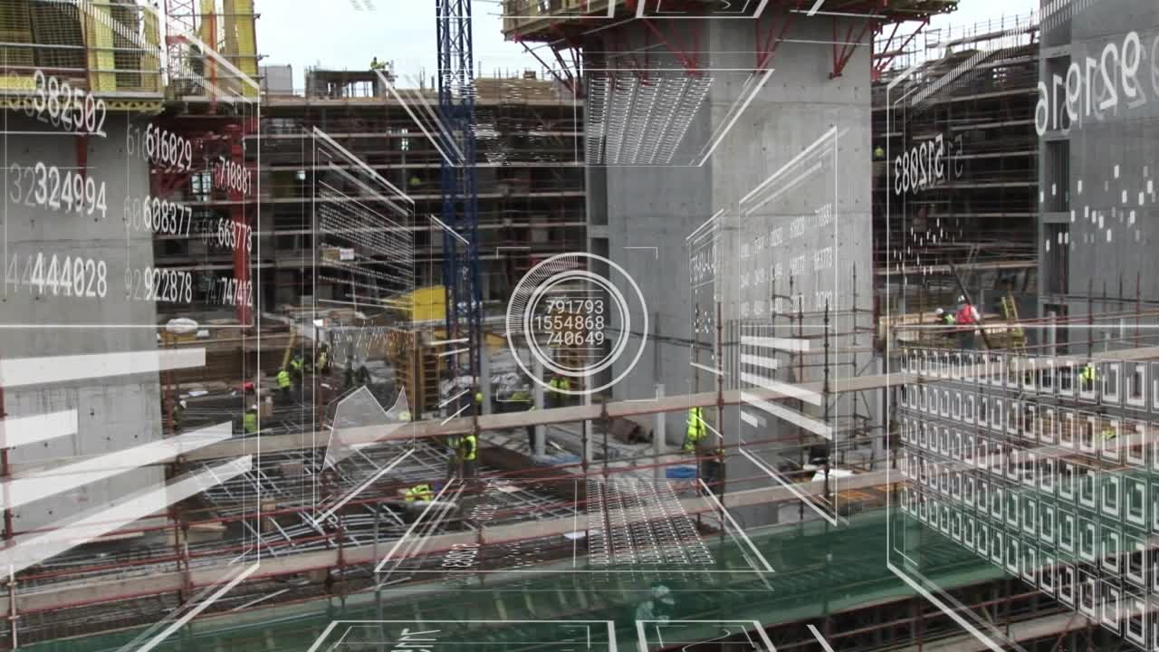 Digital grid emerging over construction site triggered by workers updating rebar data visualization