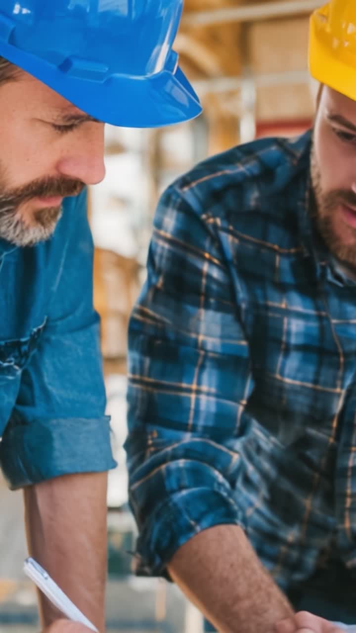 Dos profesionales de la construcción colaboran en los planes del proyecto, demostrando trabajo en equipo y experiencia en un entorno laboral dinámico con equipo de seguridad.