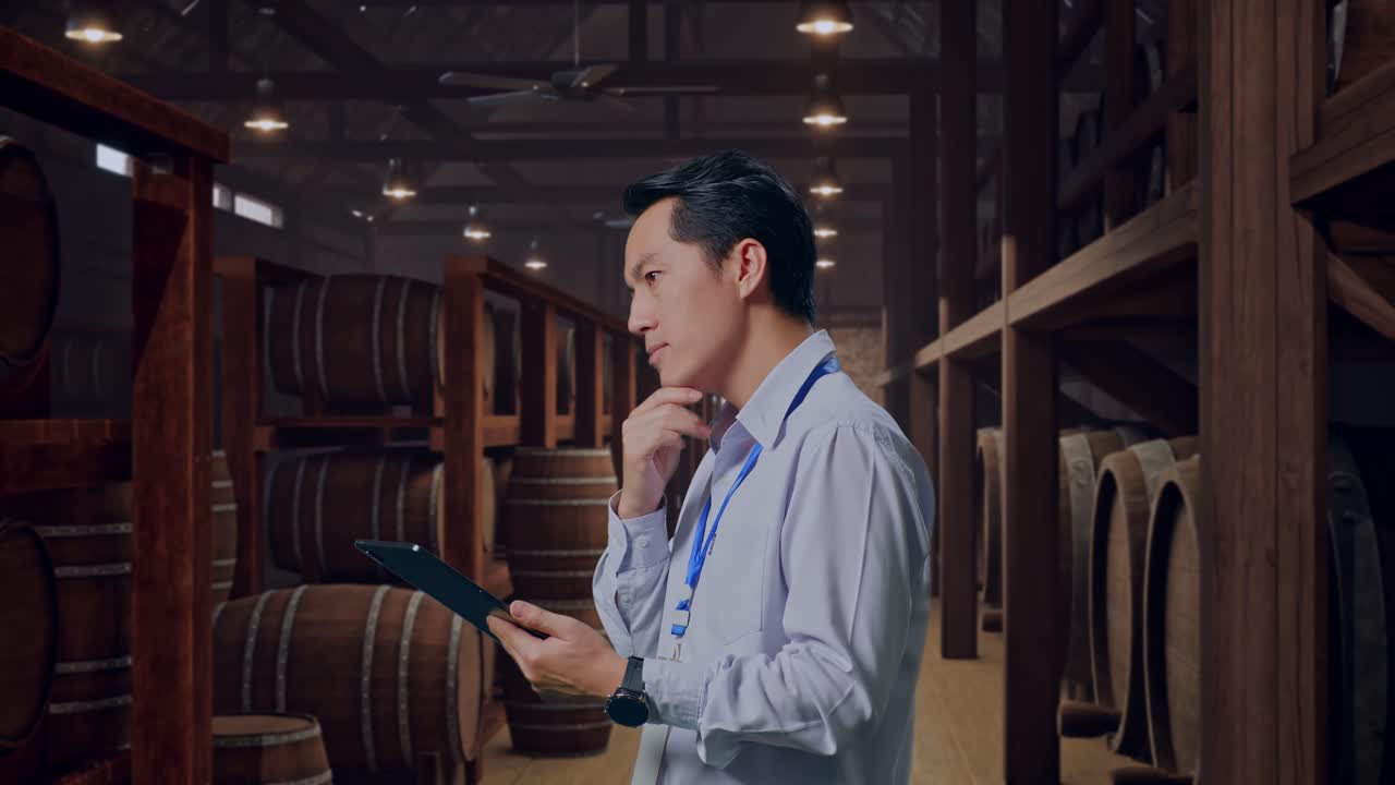 Side View Of An Asian Male Professional Worker In Cellar Of Winery, Observes By Looking Up Before He Come To Concentrating On The Tablet And Keep On Checking
