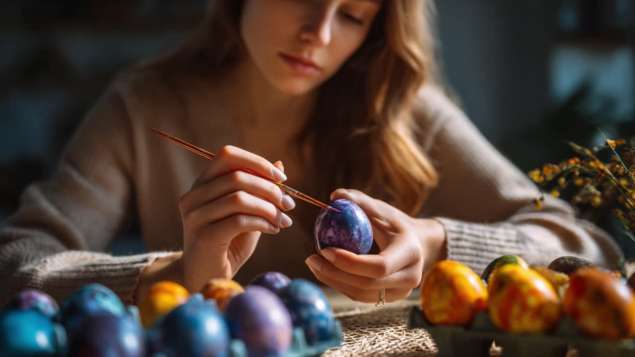 A Young Woman Expertly Painting Colorful Easter Eggs with Precision and Care, Showcasing Her Artistic Skills and Creative Passion for Festive Decoration