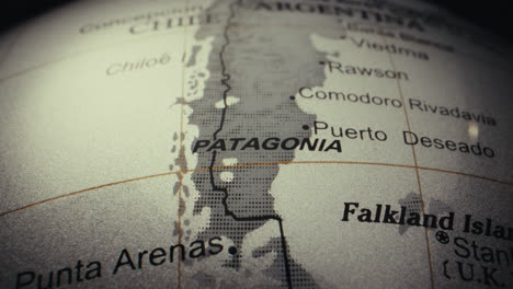 close-up of patagonia on a world globe