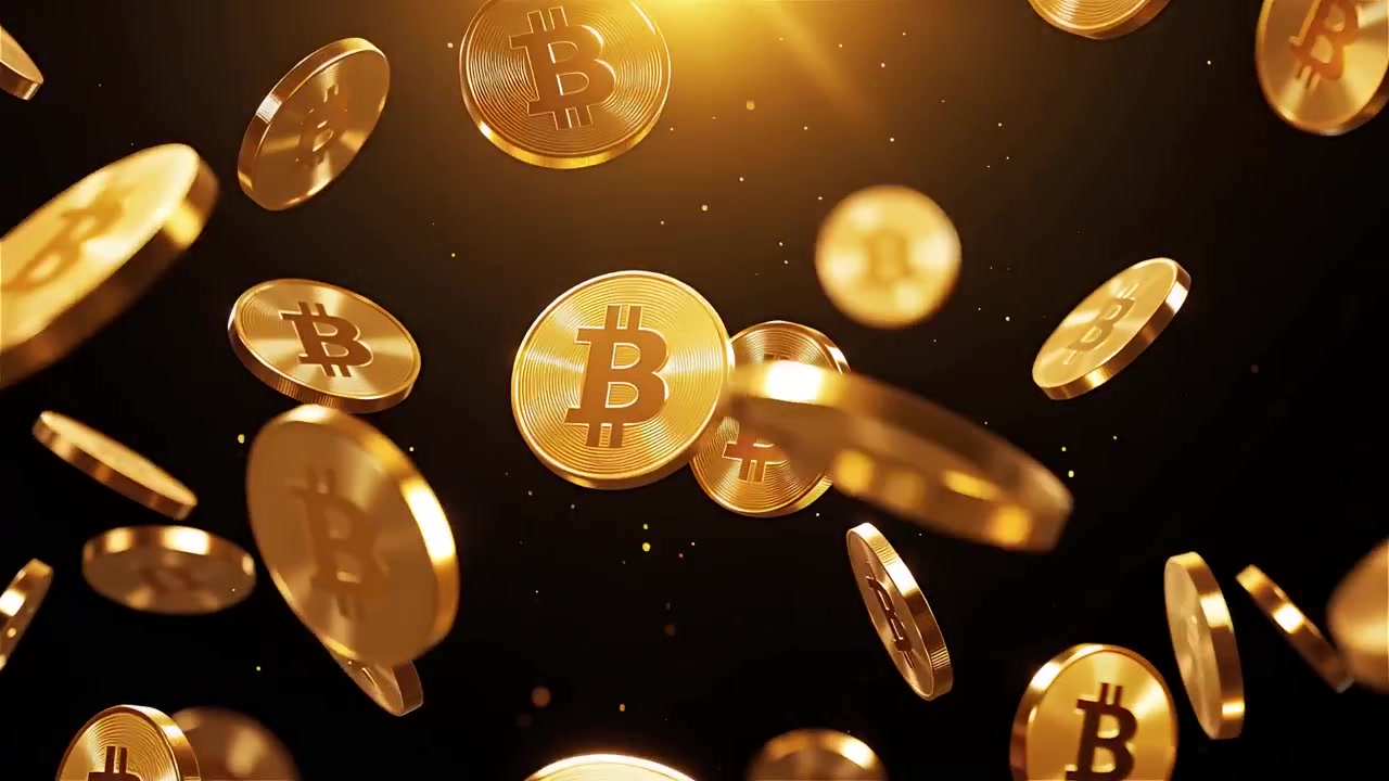 Bitcoin in rotazione su sfondo nero drammatico 4k